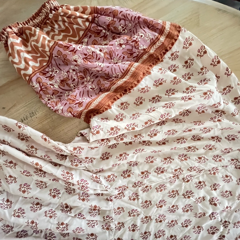 Boho Cream , Rust Printed Tiered Mini Dress Beachy Flowy , hippie summer Beach - Picture 8 of 12